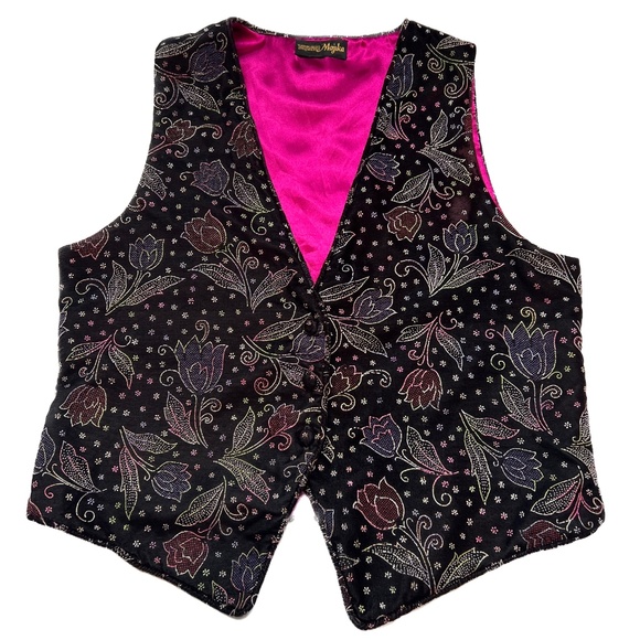 Majika Vest Velvet Green Embroidery Floral Xmas Party Size M Lined - Picture 1 of 7